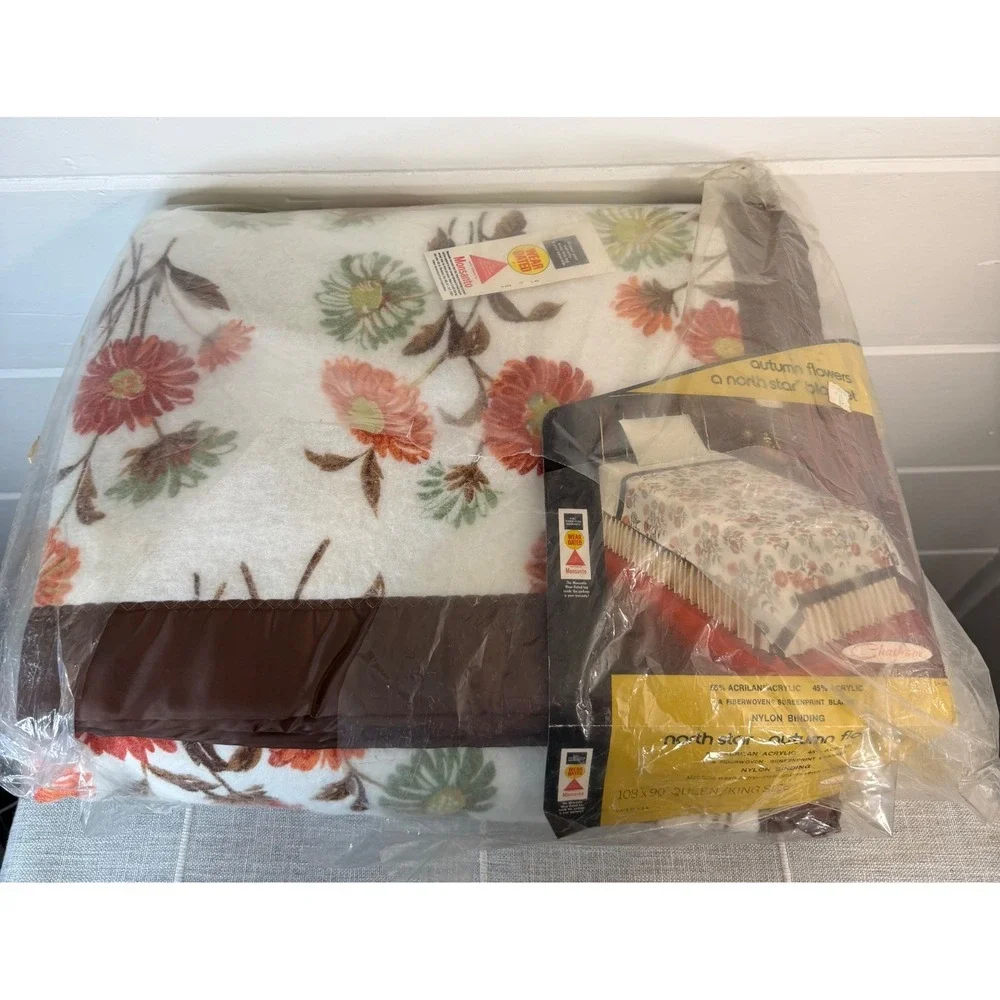 Vintage Chatham North Star Autumn Flowers Blanket Queen King Satin Edge Floral